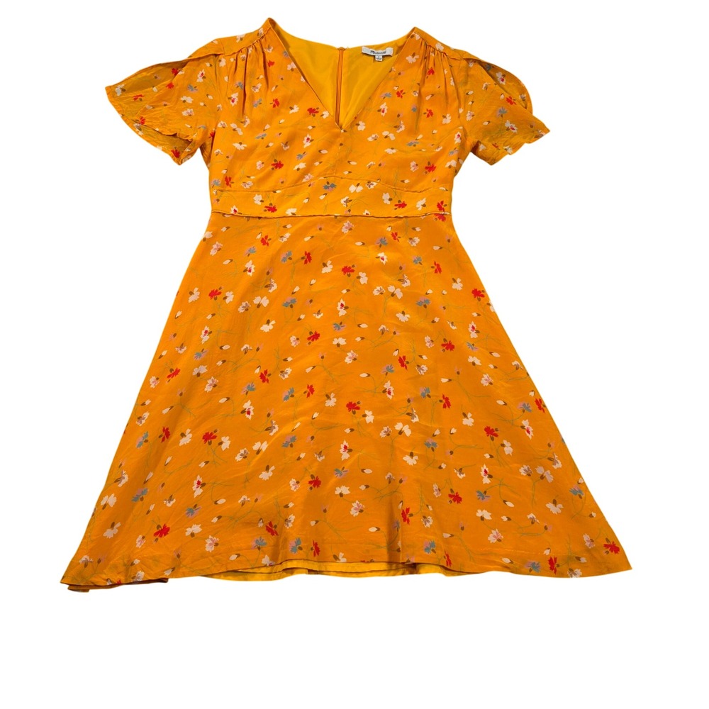Madewell Mini Dress Womens 2 Yellow Floral Silk V-Neck Tulip Sleeve